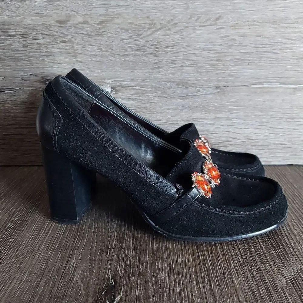 TOMMY GIRL BLACK SUEDE JEWELED HIGH HEEL LOAFERS 3.25" STACKED HEEL 7